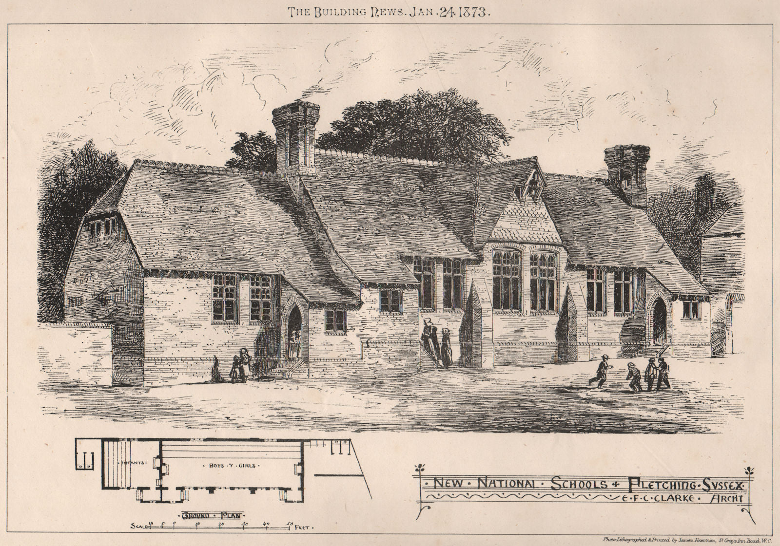 New National Schools, Fletching, Sussex; E.F.C. Clarke, Architect 1873 print